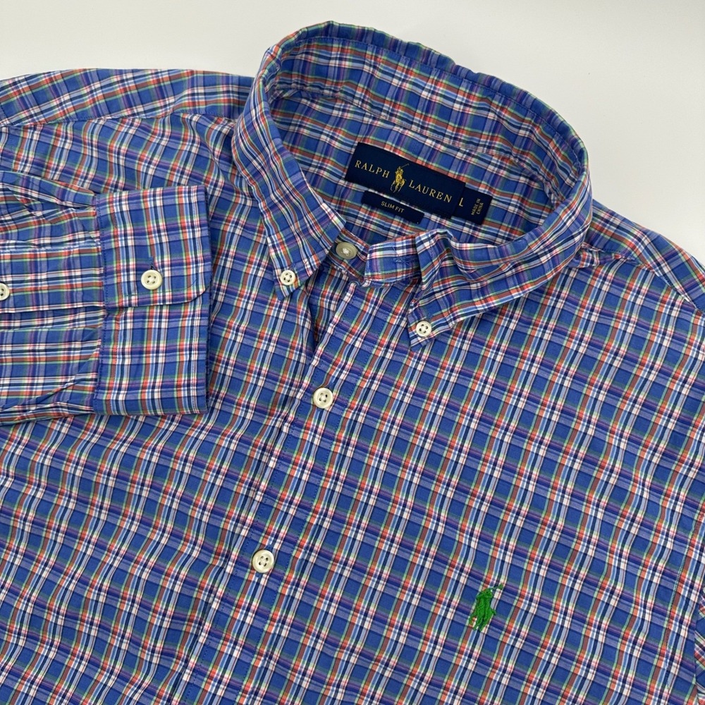 Ralph Lauren Button Down Men's Large Blue Plaid Slim Fit Long Sleeve Shirt